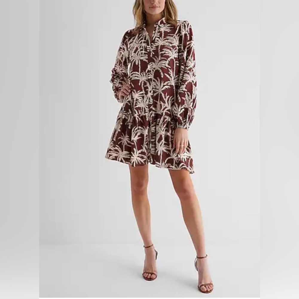 Express Printed Ruffle Hem Oversized Shirt Dress